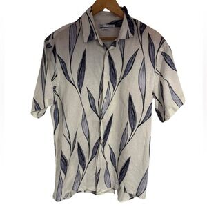 #438 Zara Short Sleeve white blue leaf button up size XL